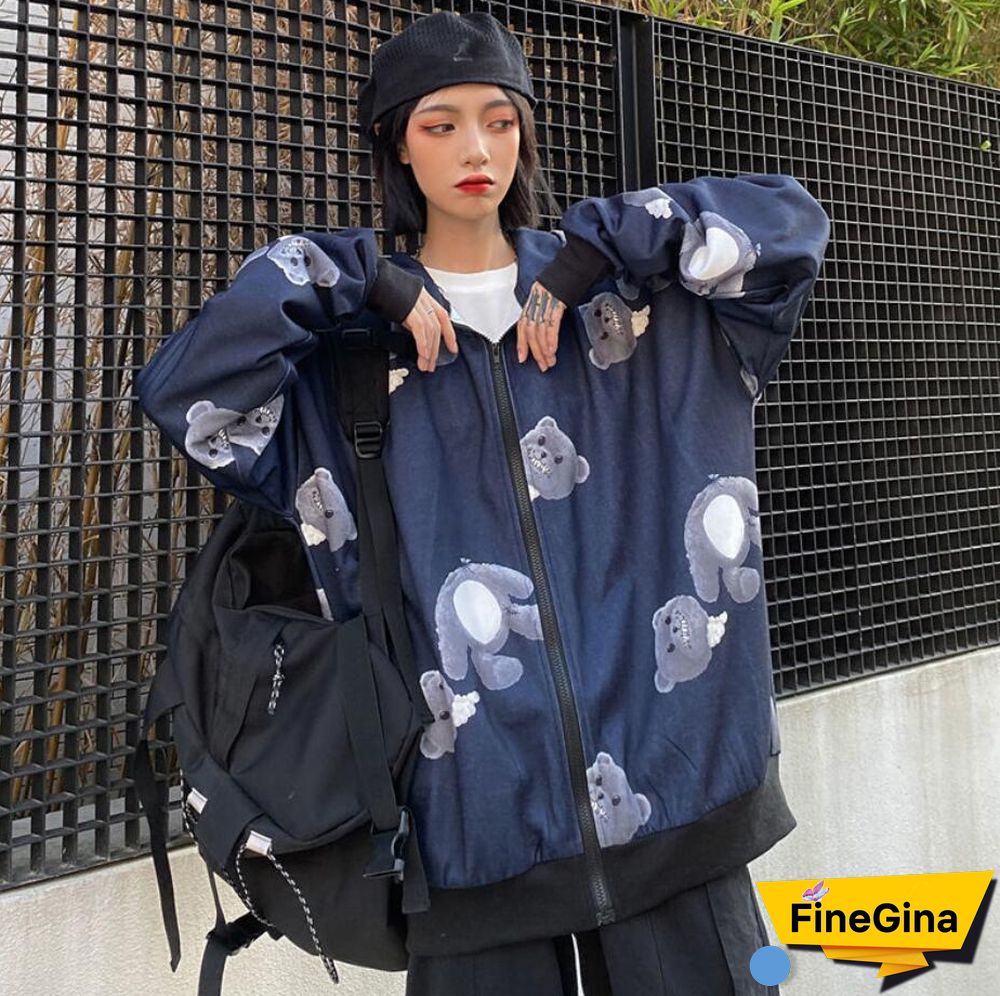 Spring Autumn Women Harajuku Zip Up Hoodies Oversized Loose Korean Version Sweatshirts Cute Kawaii Pocket Jacket Clothing Casual