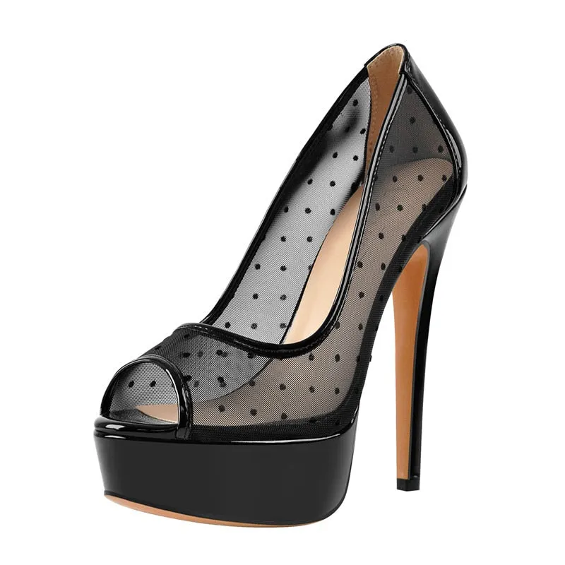 Onlymaker Women's Black Platform Peep Toe Mesh Spike Slip On Pumps Thin High Heels Party Dress Sexy Big Size Pumps
