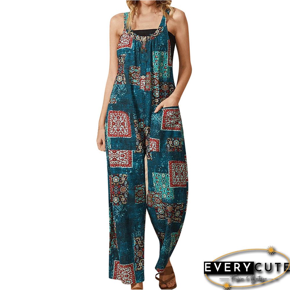 Women Summer Baggy Retro Jumpsuit Vintage Printed Loose Casual Sleeveless Overall Long Romper Playsuit Trousers Pants