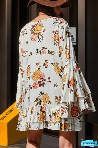 Flower V-Neck Flare Sleeve Mini Dress