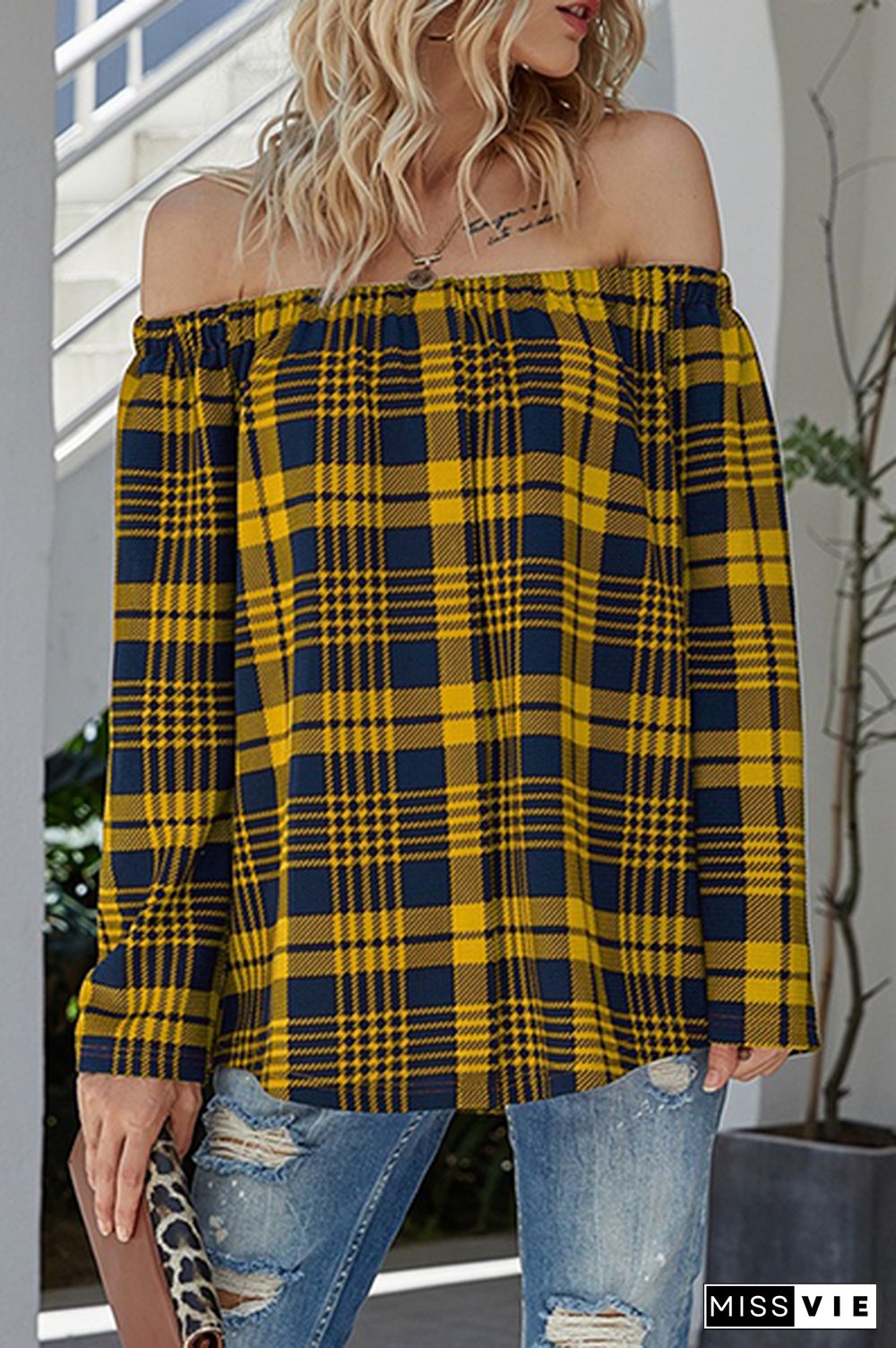 Casual Plaid Split Joint Off the Shoulder Tops