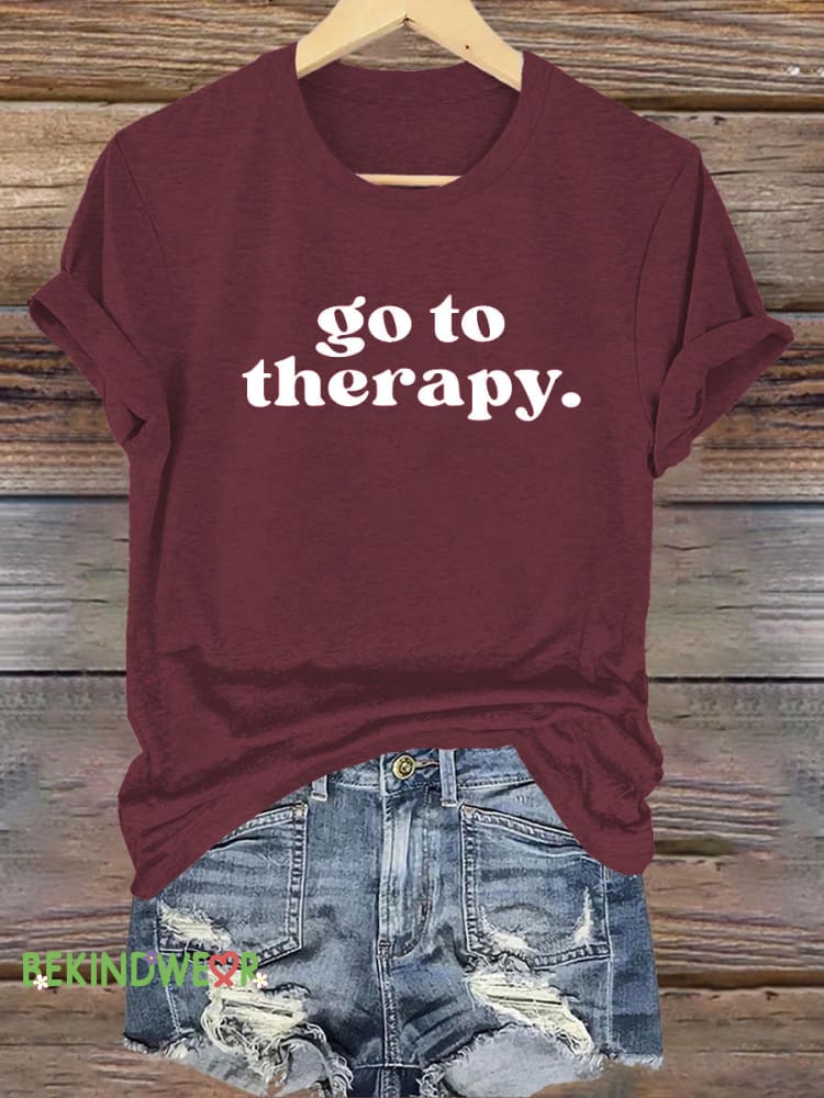 Go To Therapy Mental Health Matters Printed Casual Crew Neck Short Sleeve T-Shirt Brown / S