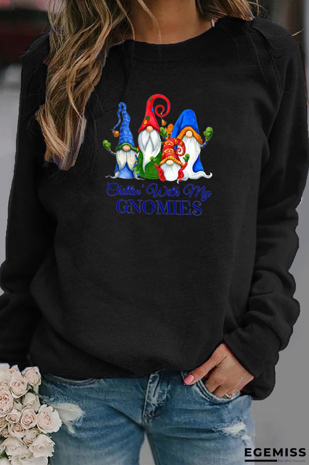 Black Casual Print Santa Claus Basic O Neck Tops | EGEMISS