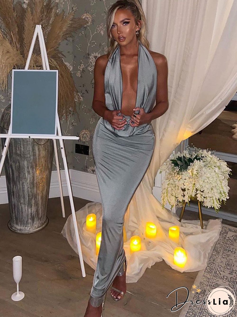 Chic Bling Women Evening Halter Maxi Dress Pile Collar Backless Bodycon Sexy Party Elegant Club Birthday Festival Outfit