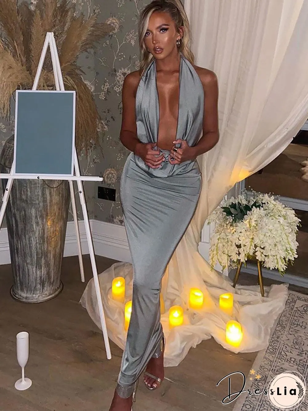 Chic Bling Women Evening Halter Maxi Dress Pile Collar Backless Bodycon Sexy Party Elegant Club Birthday Festival Outfit