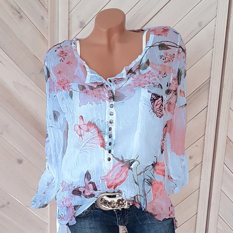 V-neck button long sleeve printed chiffon top