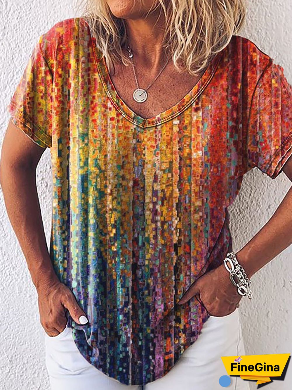 Women's Casual Shift V-Neck Short Sleeve Ombre/tie-Dye Printed T-Shirts