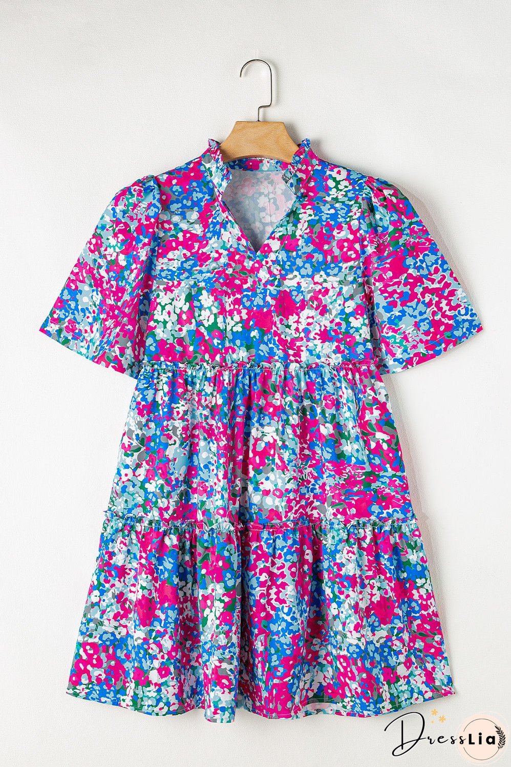 Multicolour Floral Short Sleeve V Neck Tiered Mini Dress