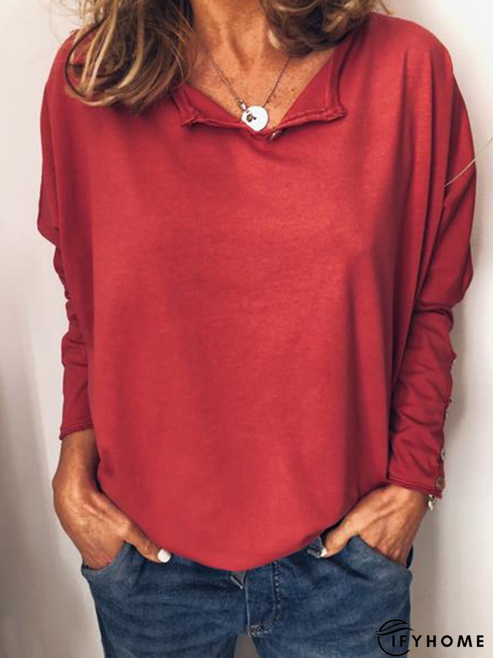Casual Cotton V Neck Long Sleeve T-Shirt | IFYHOME