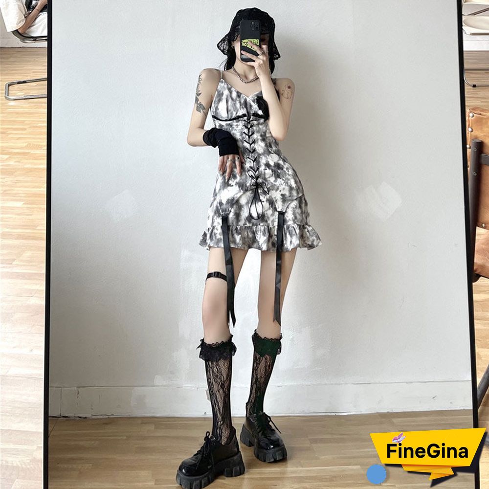 Tie Dye V Neck Drawstrings Sling Dress