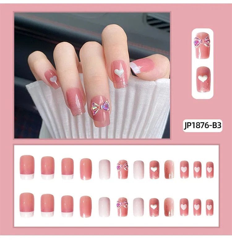 24pcs/box Fake Nails With Glue Yellow Flower Printed Type Short Paragraph Fashion Manicure Press On False Nails Gifts For Girls-Nail Inspo
