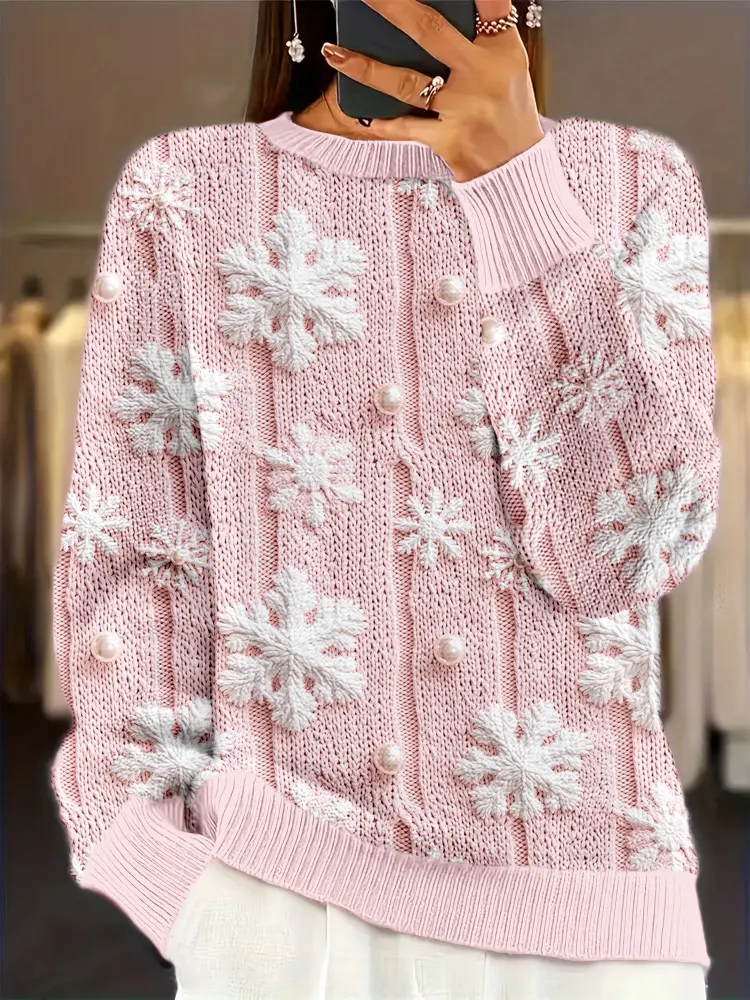Pink Winter Snowflakes Knitted Cozy Sweater