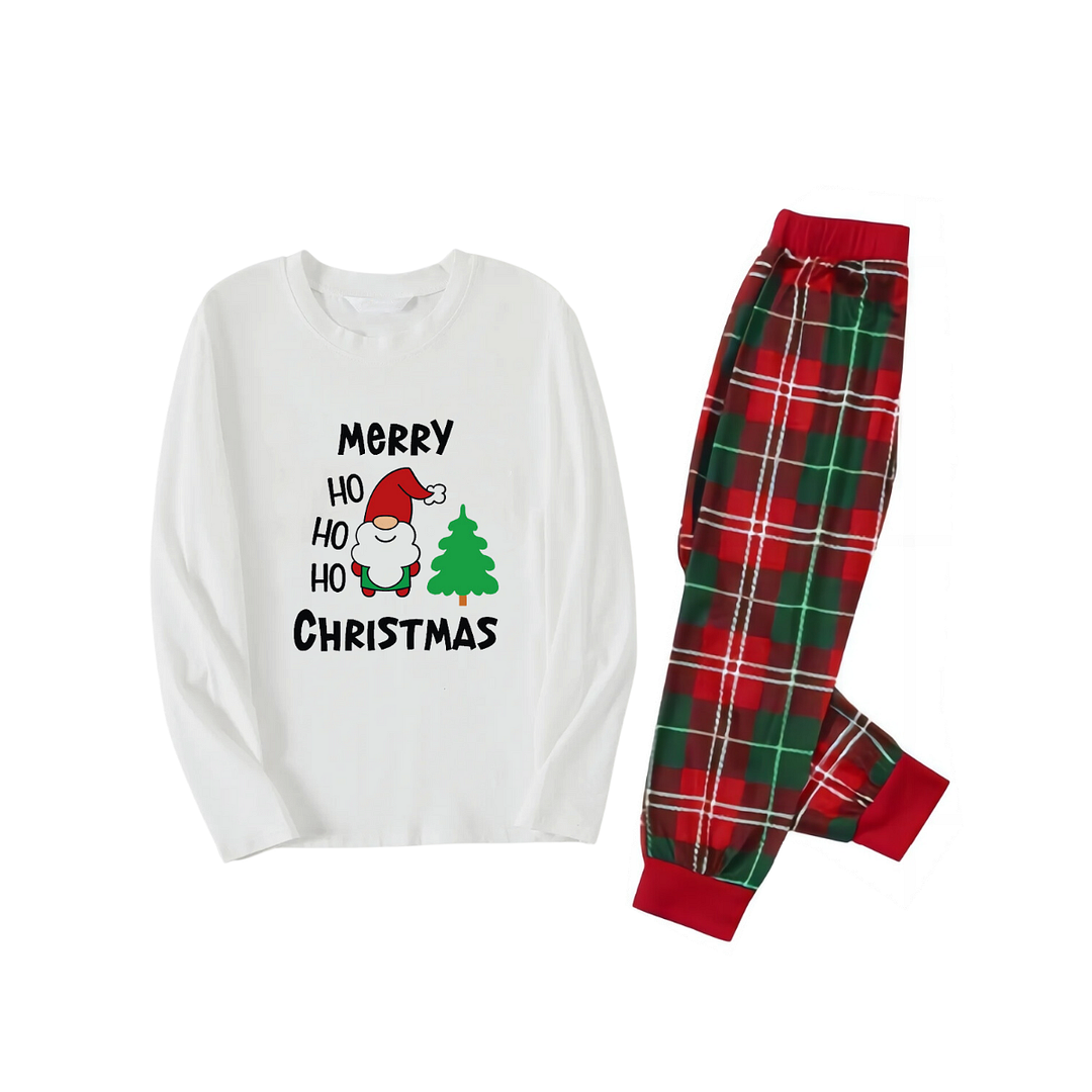 "HO HO HO Merry Christmas" 2024 White Long Sleeve Top with Red & Green Plaid Family Matching Pajamas