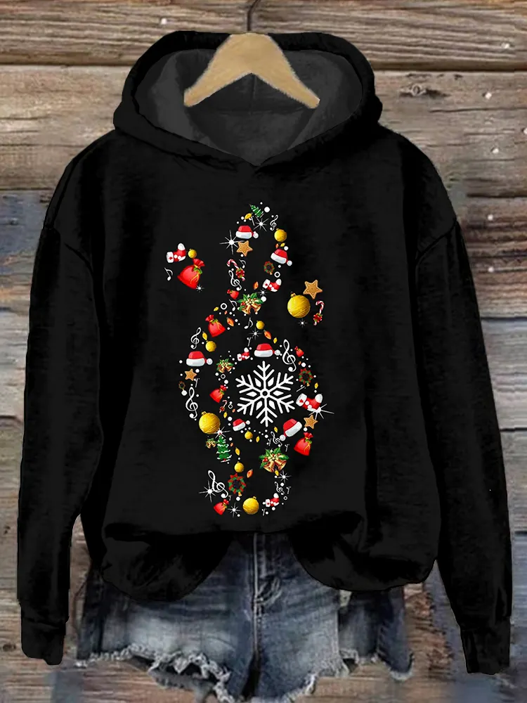 Christmas Treble Clef Graphic Vintage Cozy Hoodie