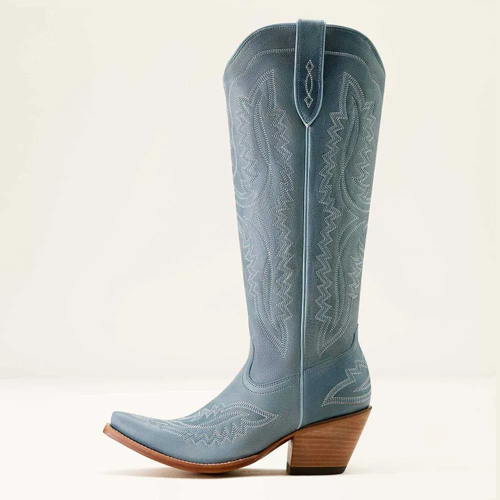 Women's Blue Embroidered Knee High Cowgirl Boots with Side Zipper