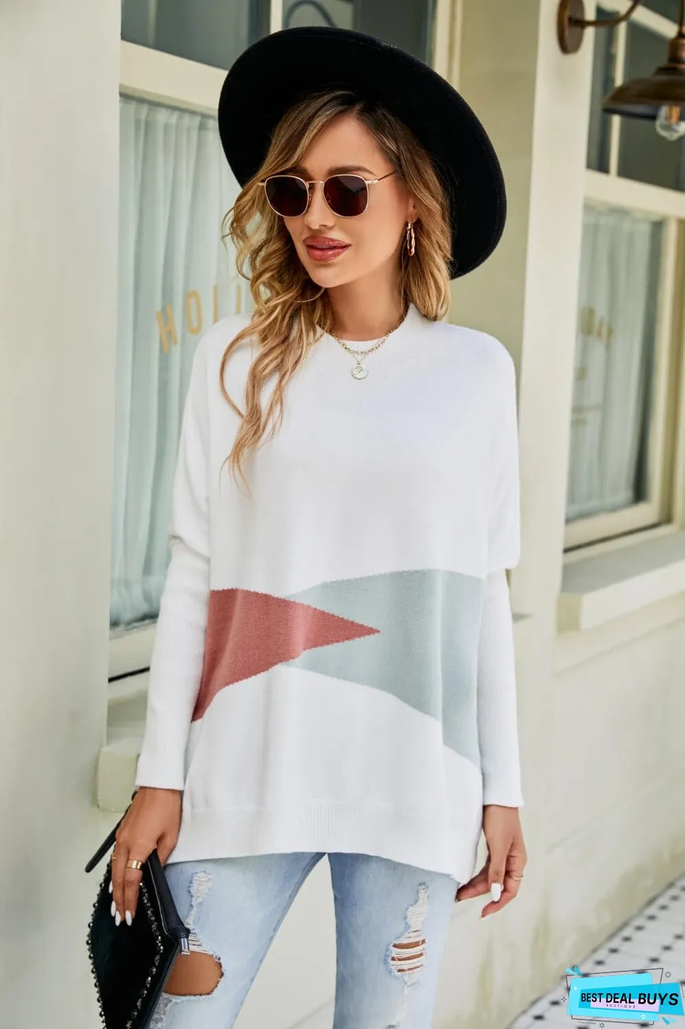 Color Block Round Neck Side Slit Sweater