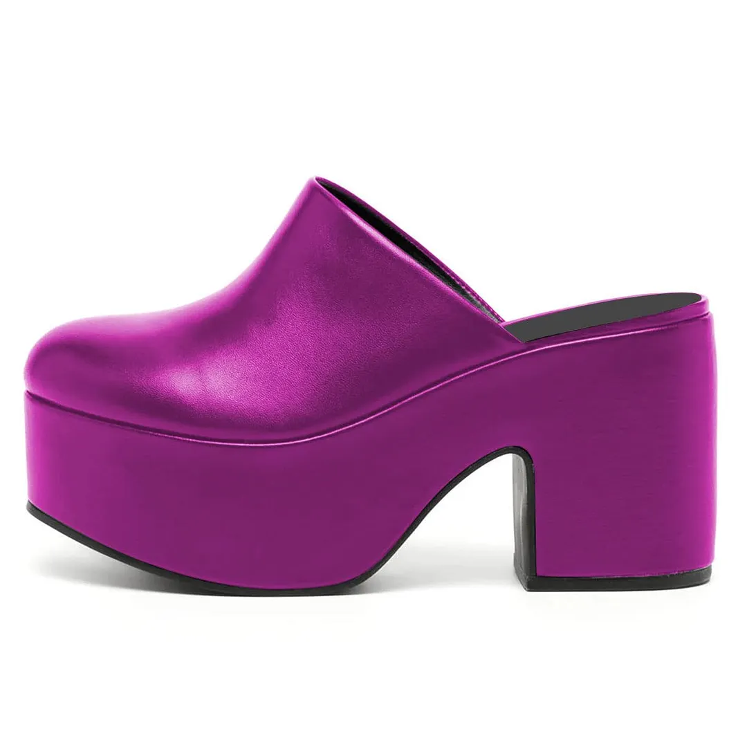 YDN Purple Vegan Leather Round Toe Block Heel Platform Mules