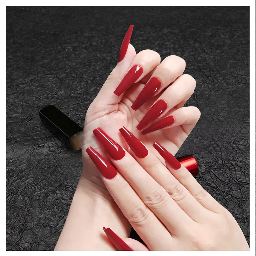 24Pcs Detachable False Nails Long Ballerina Artificial Fake Nails Full Cover Jelly Red Coffin Nail Tips DIY Manicure Tool-Nail Inspo