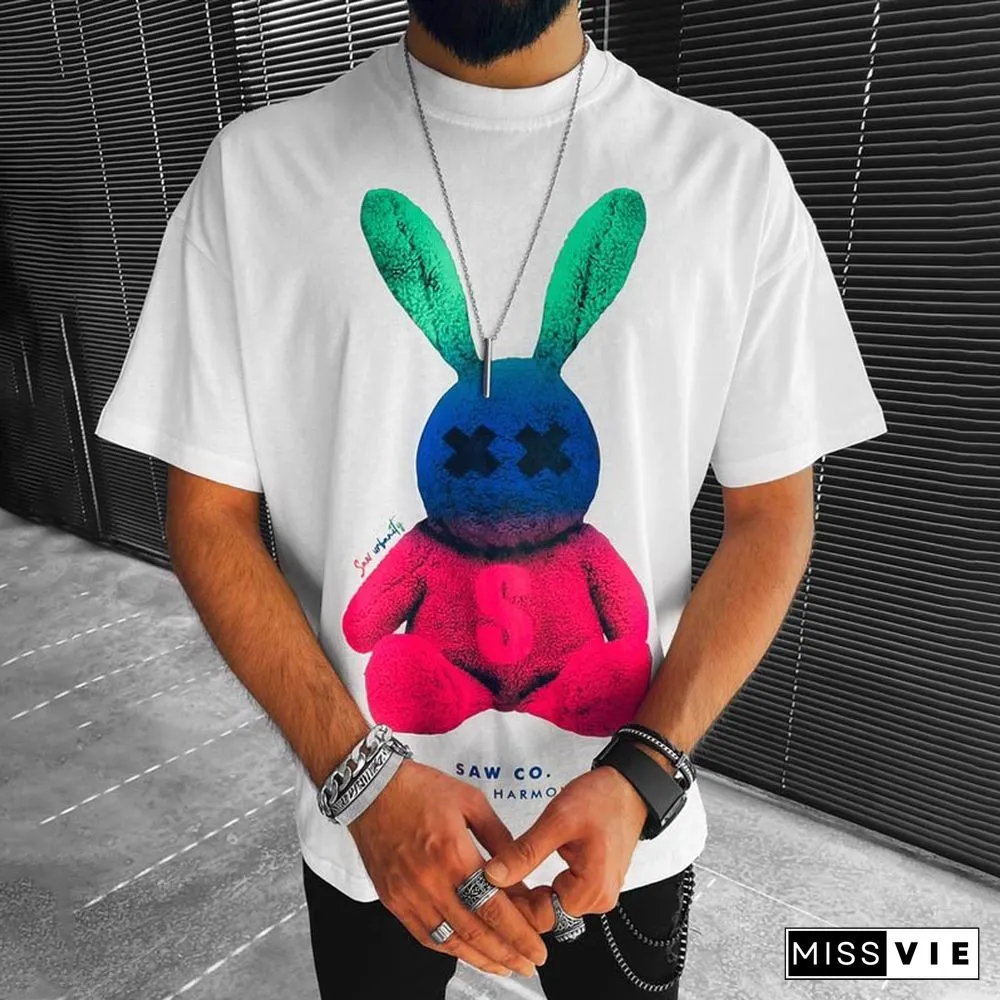 Colored Bunny Print Loose Short Sleeve T-Shirt