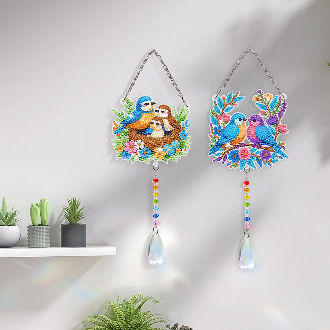 2Pcs Birds Family DIY Acrylic Diamond Painting Art Wind Chimes with Crystal Pendant Diamond Art Hanging Pendant Double-Sided for Adults Beginners Gift Home Garden Decor