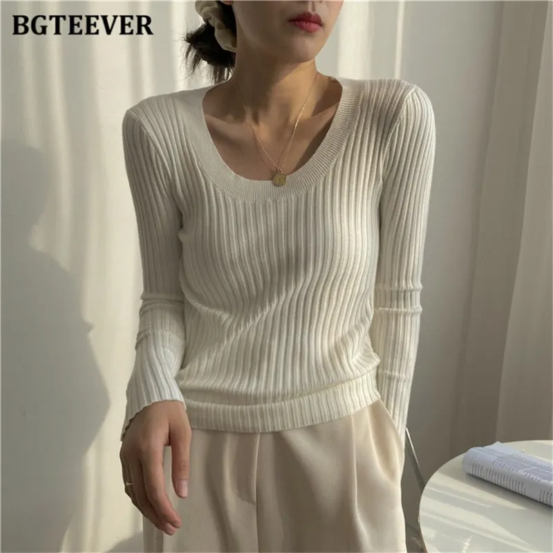 BGTEEVER Autumn Deep O-neck Women Basic Slim Warm Knitted Tops Casual Skinny Stretch Long Sleeve Female Pullover Sweaters 2020