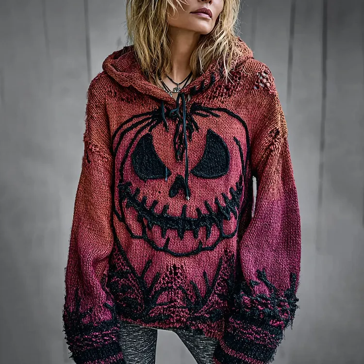Halloween Pumpkin Face Chunky Crochet Hooded Sweater