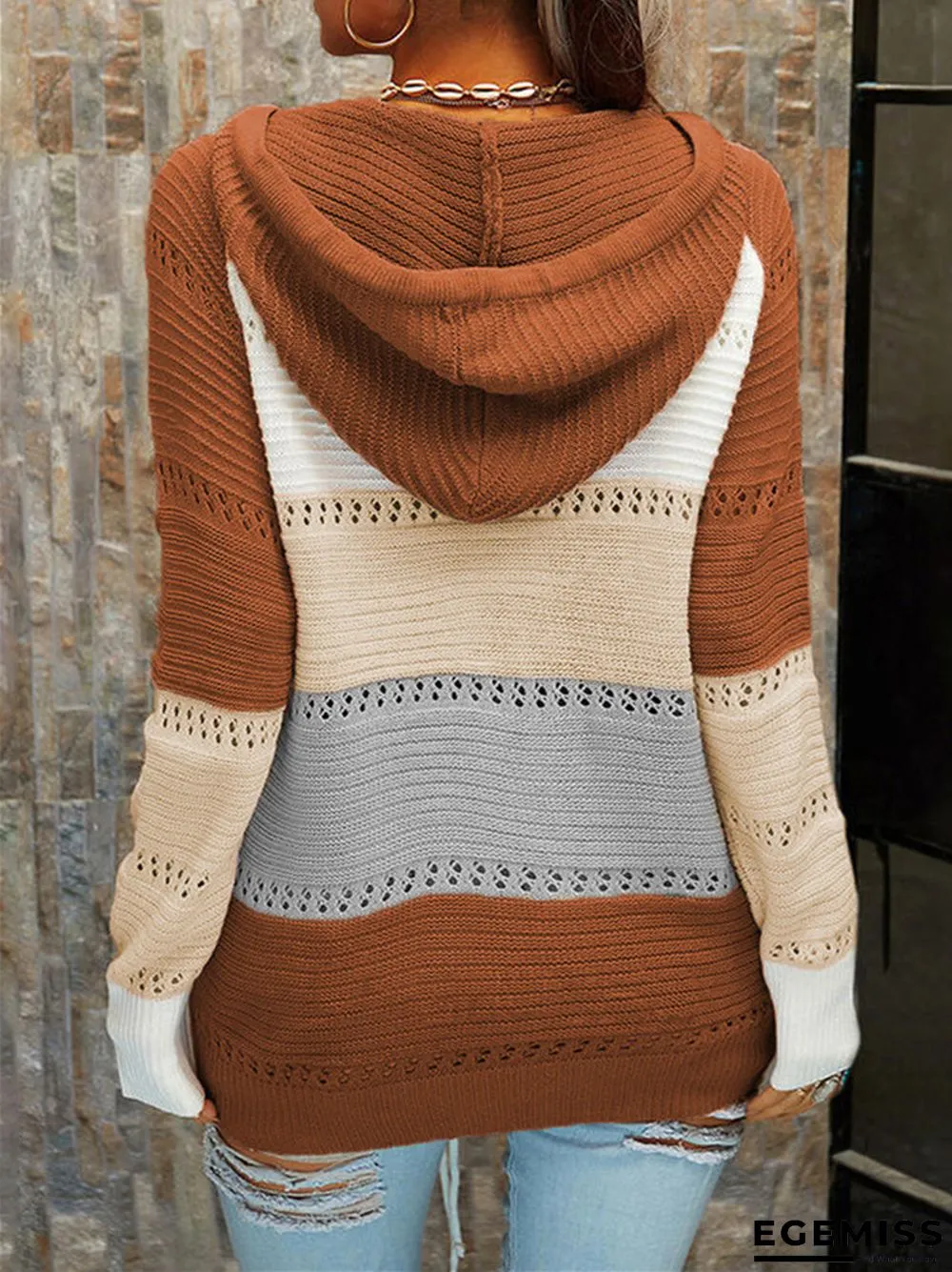 Cardigan Strap Long Sleeve Contrast Color Stitching Sweater | EGEMISS