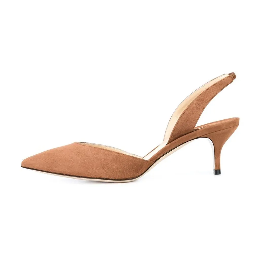 Tan Faux Suede Pointed Toe Slingback Pumps with Kitten Heels