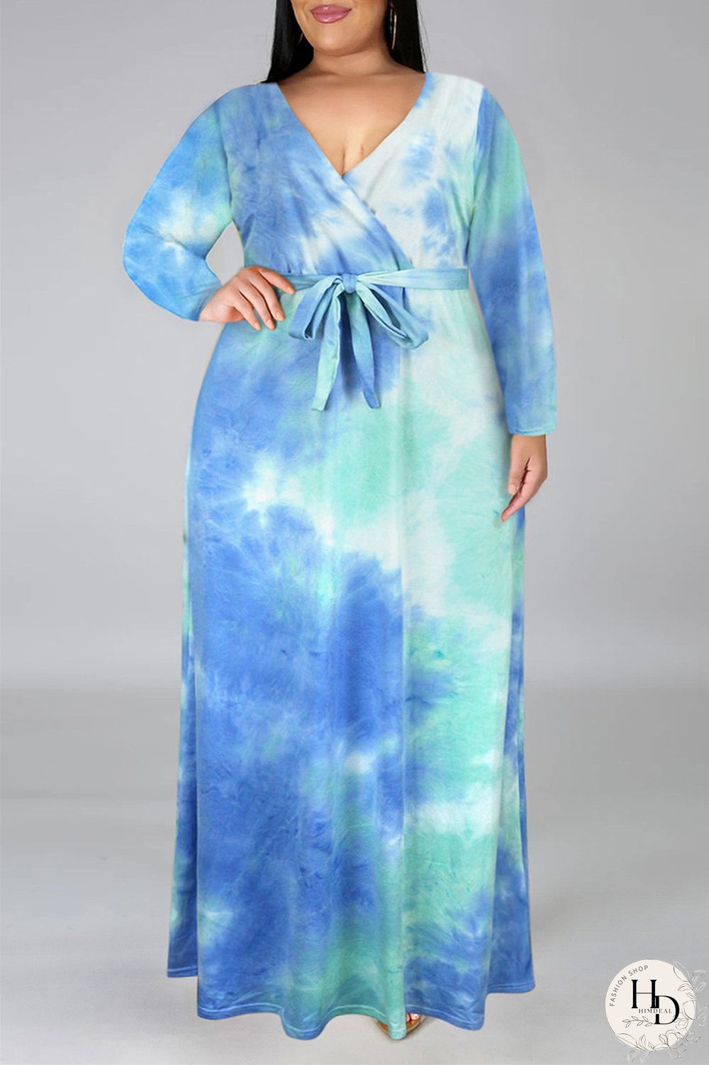 Colour Fashion Casual Print Tie-dye V Neck Long Sleeve Plus Size Dress