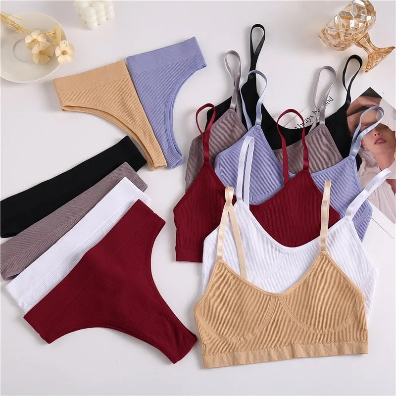 FINETOO Women Bra Set Female Underwear Bralette Ribbed Tops Girls Sexy Lingerie Basic Stretchy Brassiere Tank Crop Tops Suit New