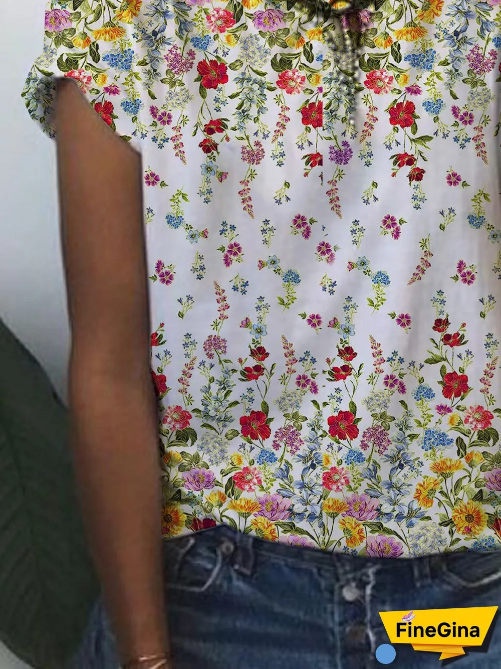 Floral Short Sleeve Printed Cotton-blend Crew Neck Casual Summer White Top