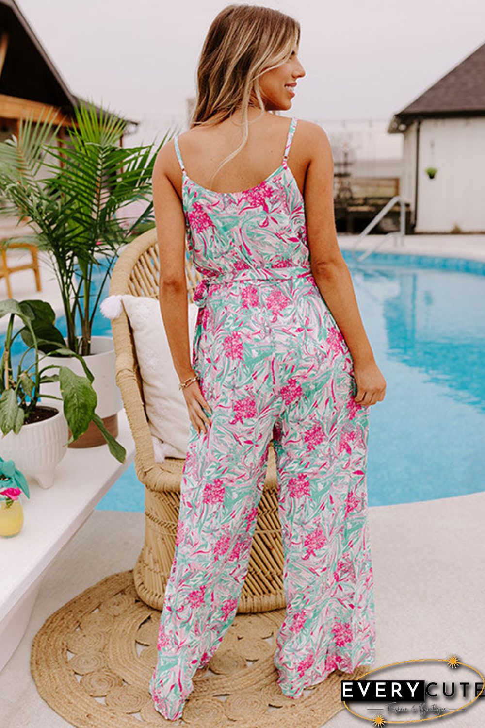 Sky Blue Floral Print Knotted High Waist Sleeveless Jumpsuit