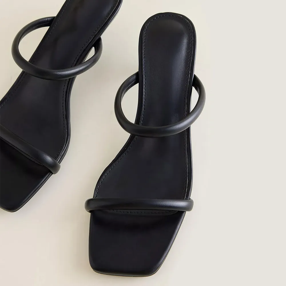 Black Open Square Toe Strappy Kitten Heel Slip-On Mules Sandals