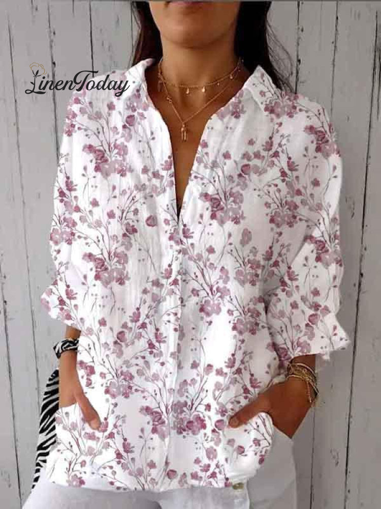 Women&rsquo;s Purple Watercolor Small Floral Print Casual Linen V-Neck Shirt Multicolor / S