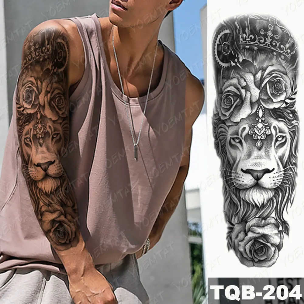 Large Arm Sleeve Tattoo Bird Crow Forest Moon Waterproof Temporary Tatto Sticker Lion Wolf Clock Body Art Full Fake Tatoo Men