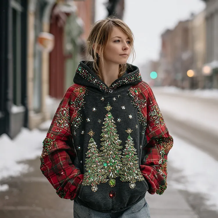 Women's Retro Plaid Christmas Tree Pattern Casual Hooded Sweatshirt