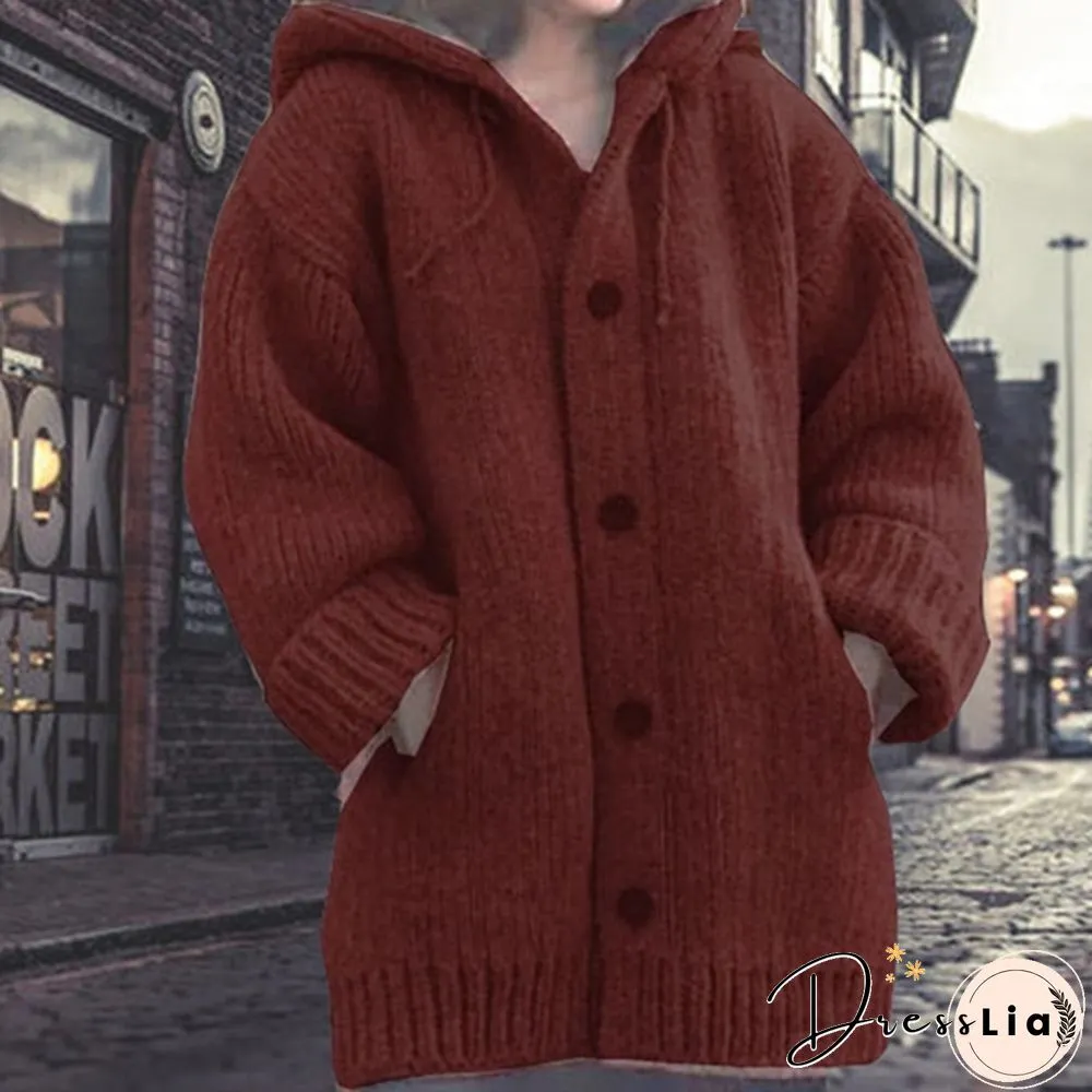 Women Fashion Mid-length Button Up Knitted Cardigan Jackets Ladies Casual Autumn and Winter Hooded Sweater Coats Strickjacke Damen