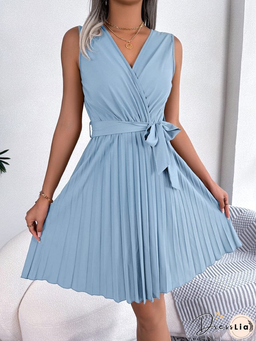 Elegant Cross V-Neck Sleeveless Pleated Waist Mini Dress