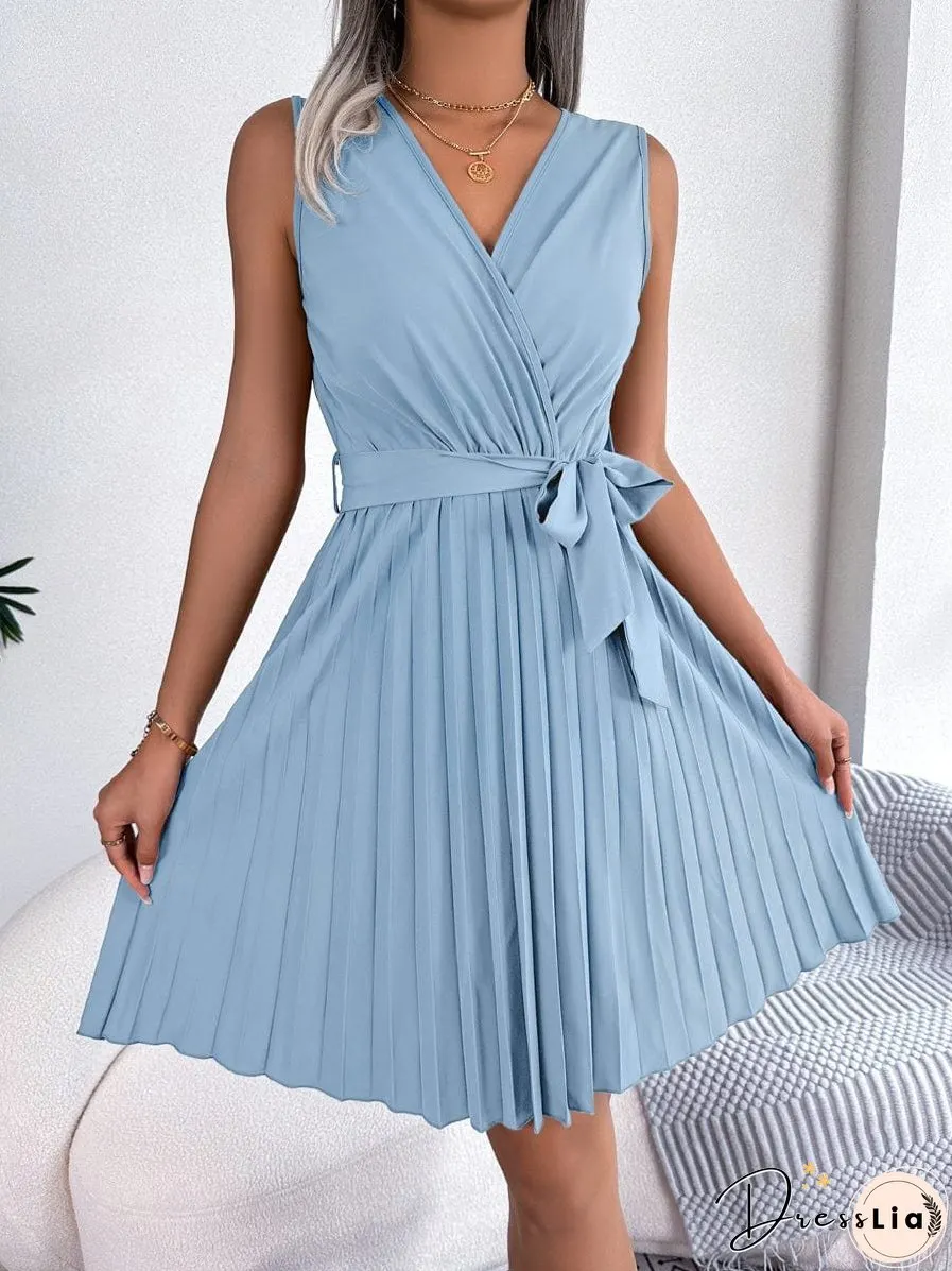 Elegant Cross V-Neck Sleeveless Pleated Waist Mini Dress