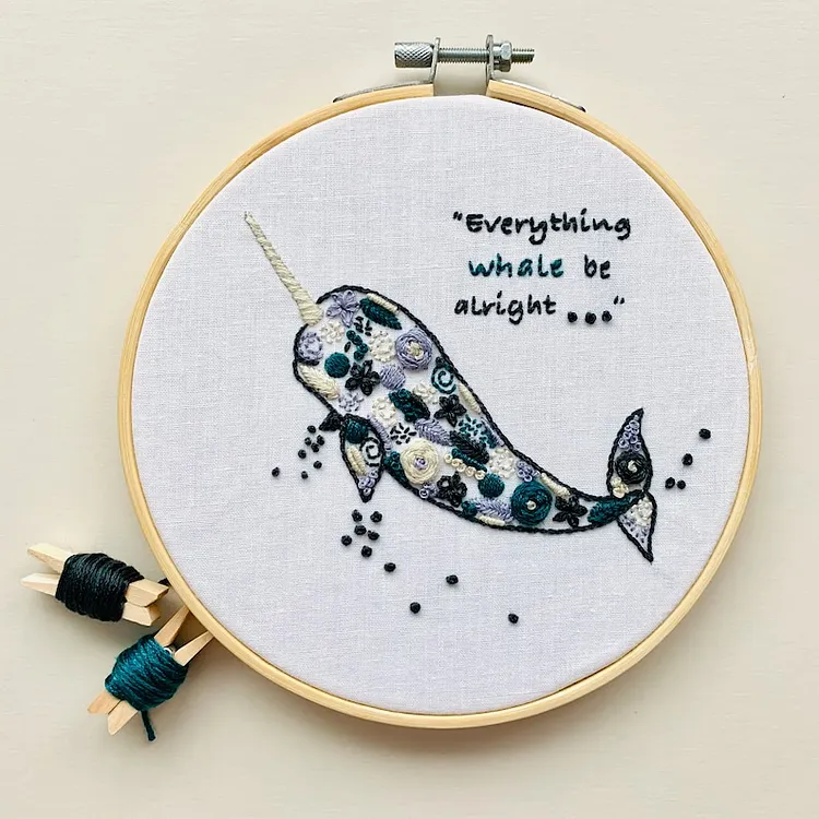 Narwhal Embroidery Hoop kit with Instructions