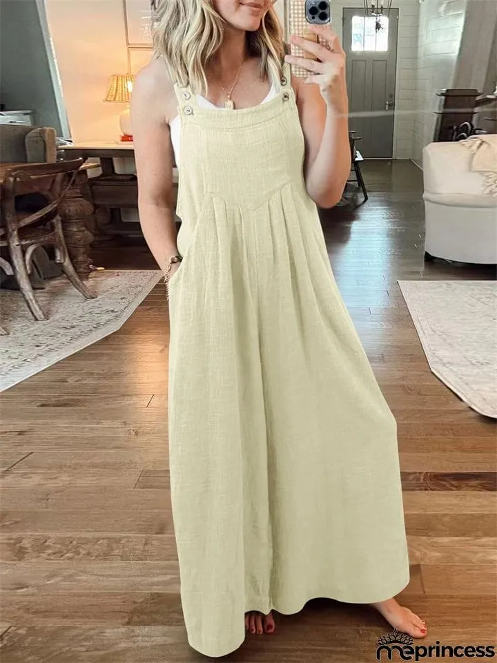 Women's Casual Cotton Linen Wide Leg Holiday Jumpsuits