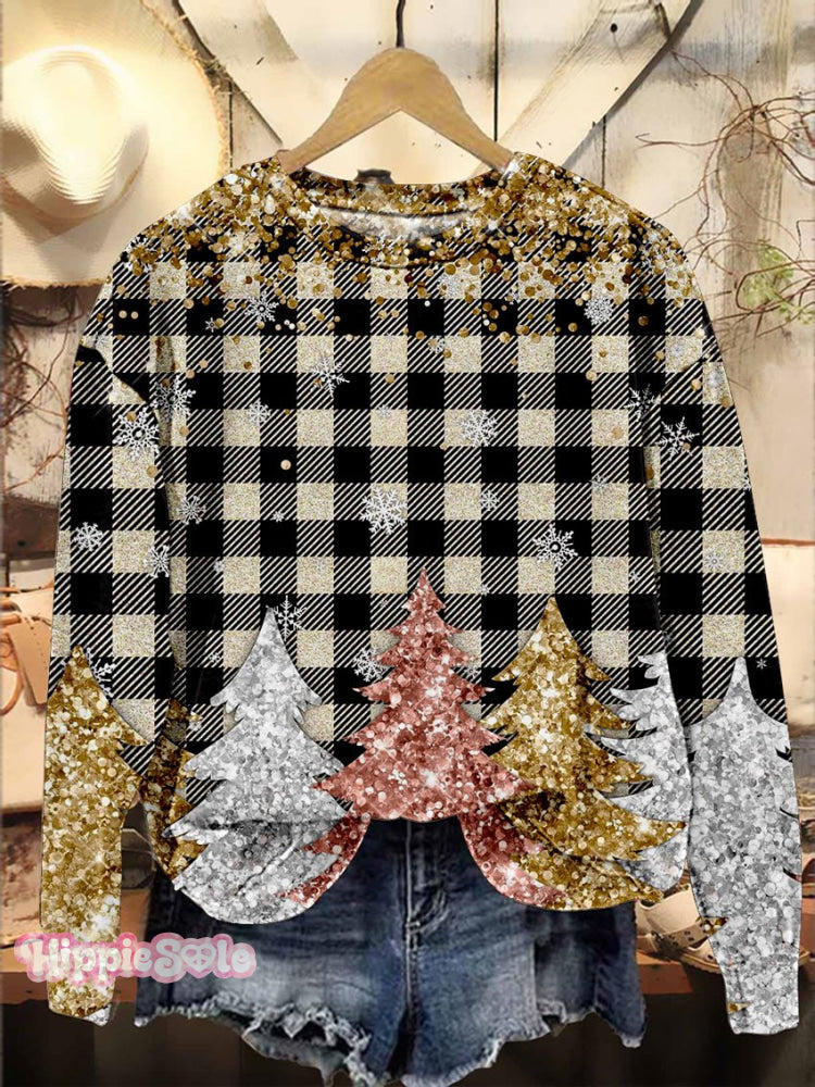 Vintage Lattice Christmas Tree Snowflake Art Casual Print Sweatshirt Multicolor / S