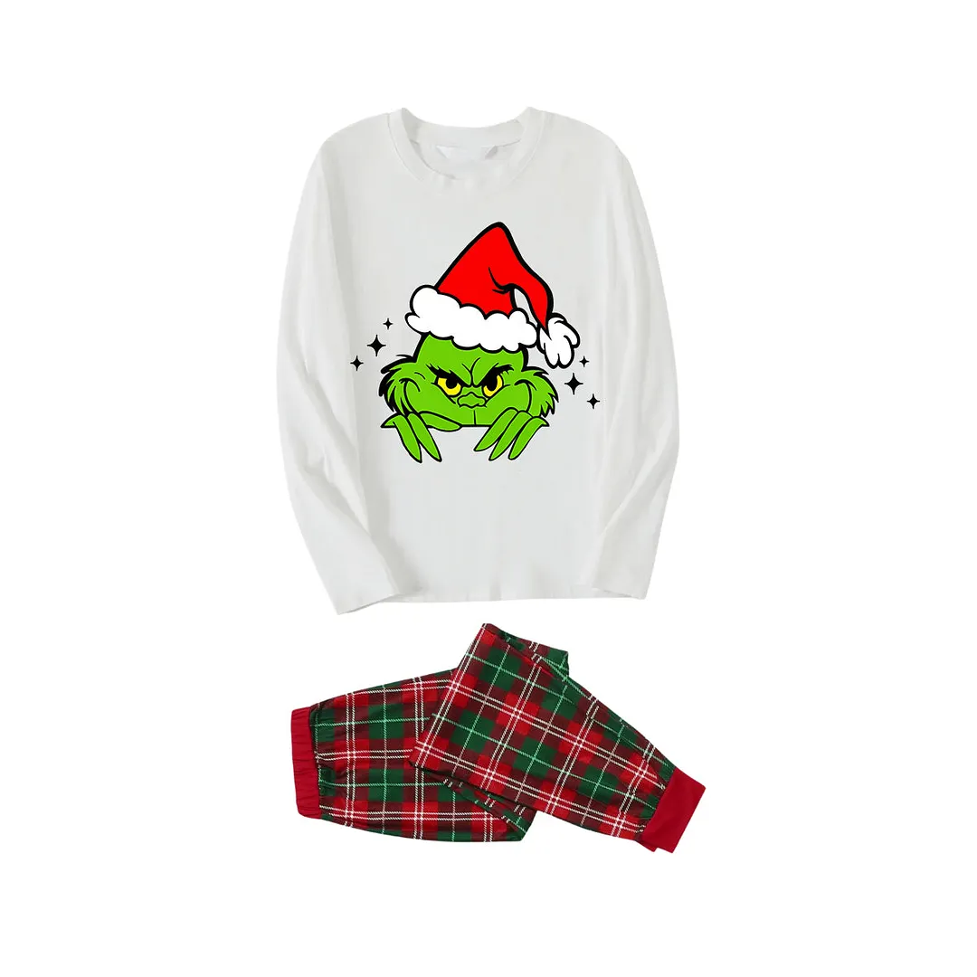 Christmas Cute Green Cartoon Pattern 2024 White Long Sleeve with White&Red&Green Plaid Pants Family Matching Pajamas