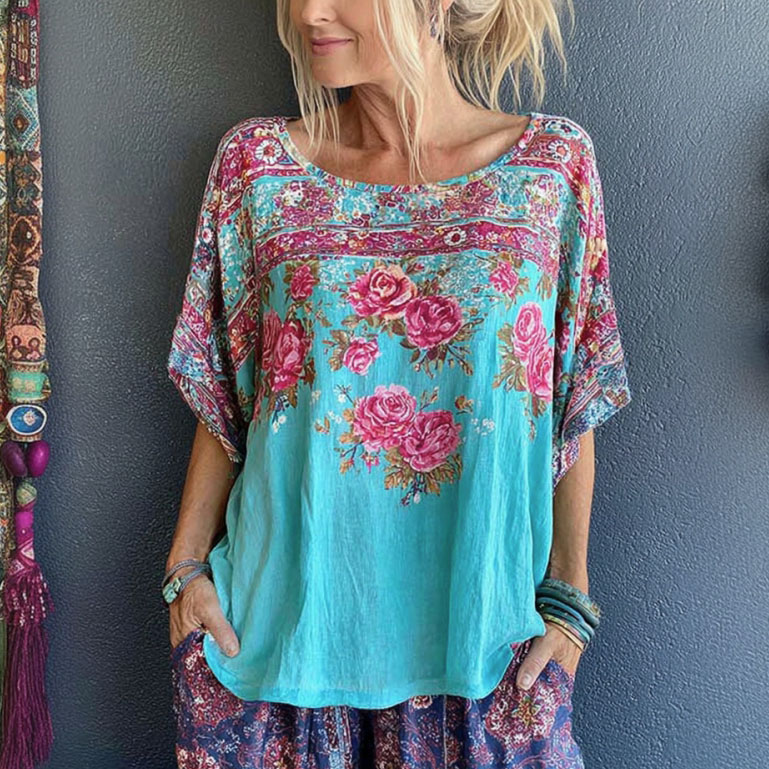 Women's Retro Floral Print Linen Blend Comfortable Crew Neck T-shirt elevenforest