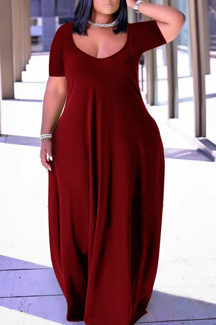 Xpluswear Plus Size Casual Burgundy Short Sleeves Solid Cocoon Summer Sun Maxi Dress 2024 - Xpluswear