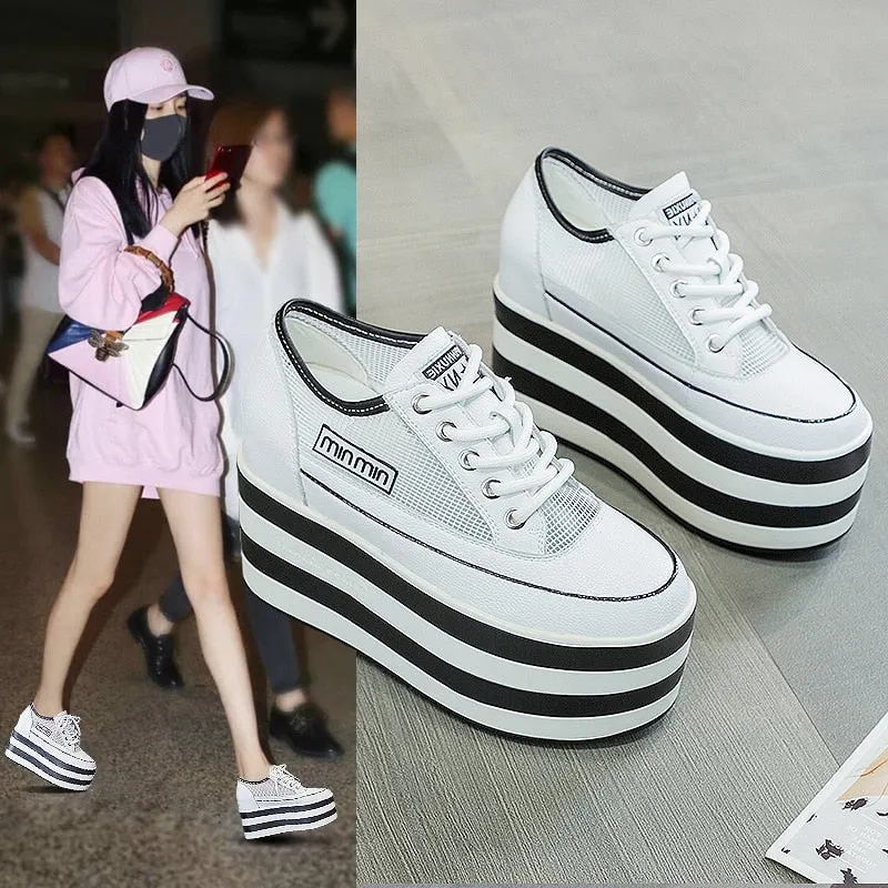 Fujin 12cm Platform Hidden Heel Wedge Chunky Shoes Sneakers Super Genuine Leather Casual Shoes Air Mesh Women Summer Shoes
