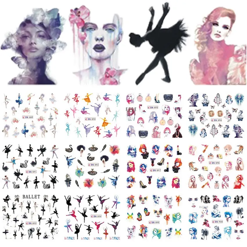Nail Stickers Water Transfer Ballet Abstract Art Designs 12Pcs/Set Nail Decal Decoration Tips For Beauty Salons-Nail Inspo