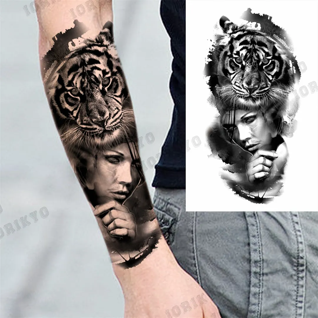 Black Lion Wolf Temporary Tattoos For Men Adult Forest Rose Compass Warrior Fake Tattoo Washable Body Art Painting Tatoo Sticker