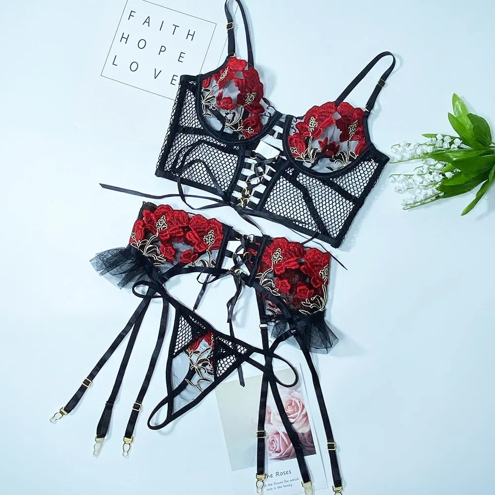 MIRABELLE Erotic Lingerie Bandage Sexy Bra Transparent Underwear Sex Suit Ruffled Garters 3-Piece Fancy Hot Porn Exotic Sets