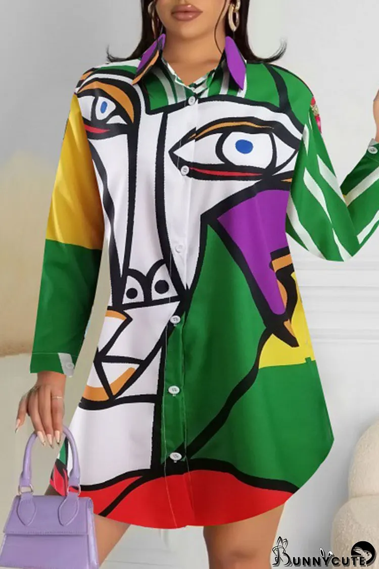 Green Casual Street Print Patchwork Buckle Turndown Collar Tops